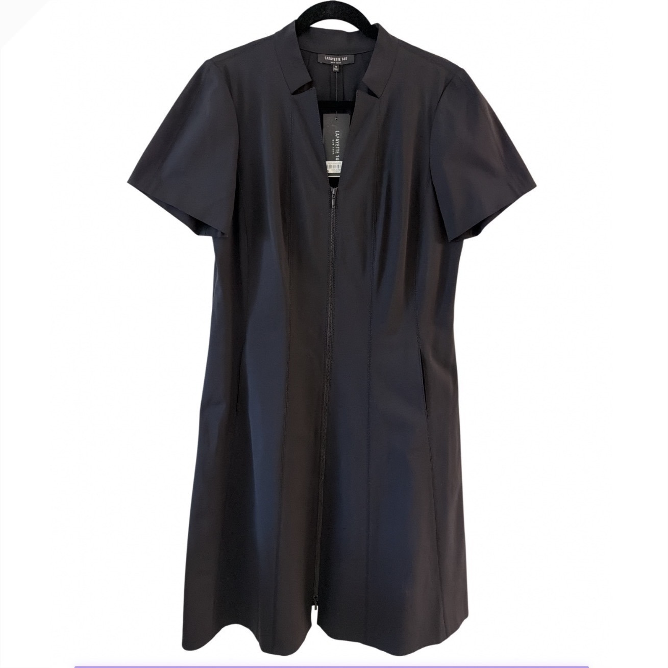 Lafayette 148 New York Black Zip Front Dress Short Sleeve Cotton Blend Size 14